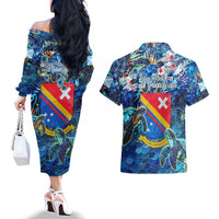 San Andres and Providencia Couples Matching Off The Shoulder Long Sleeve Dress and Hawaiian Shirt Sea Turtle Tropical Pattern