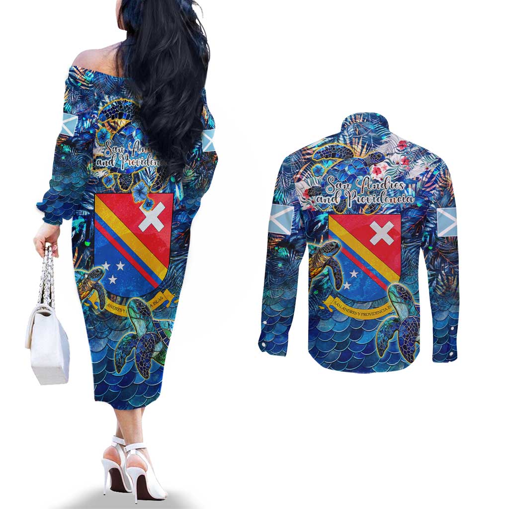 San Andres and Providencia Couples Matching Off The Shoulder Long Sleeve Dress and Long Sleeve Button Shirt Sea Turtle Tropical Pattern