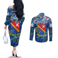 San Andres and Providencia Couples Matching Off The Shoulder Long Sleeve Dress and Long Sleeve Button Shirt Sea Turtle Tropical Pattern