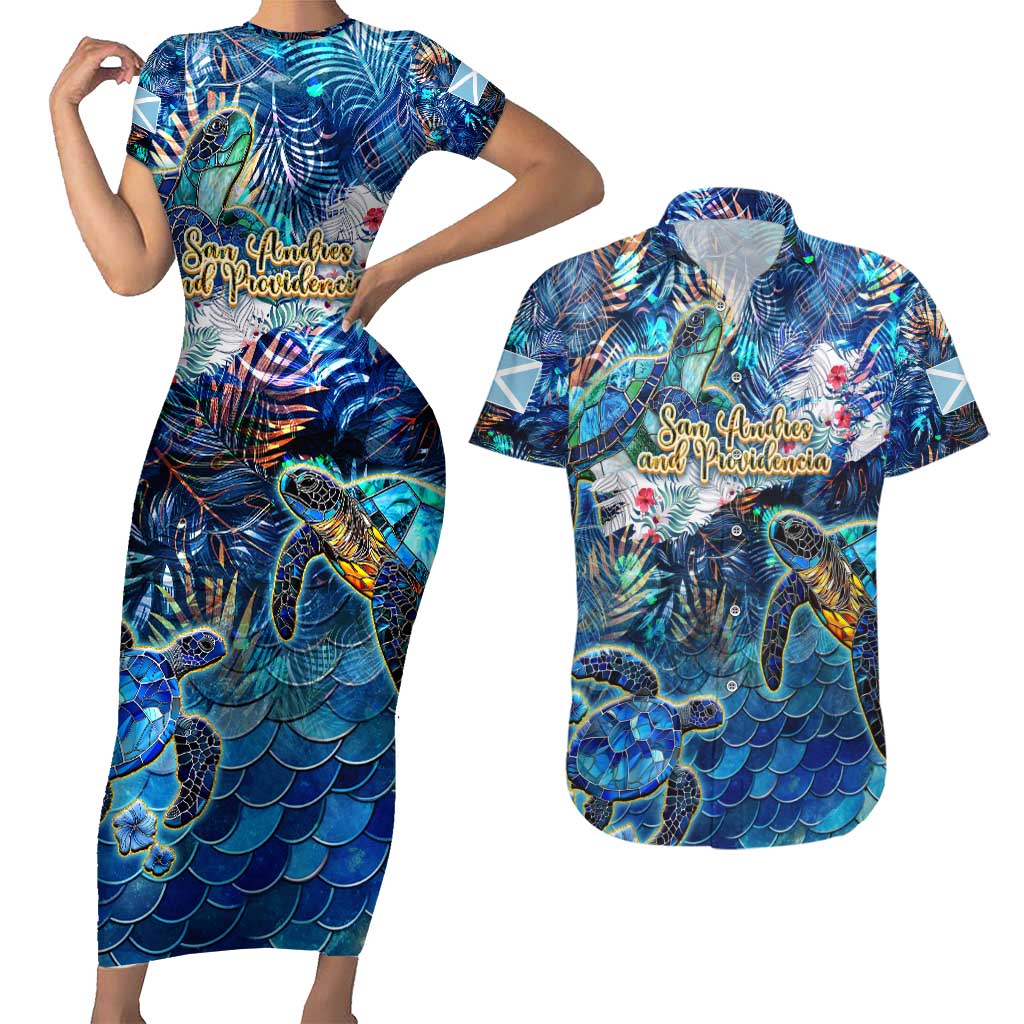 San Andres and Providencia Couples Matching Short Sleeve Bodycon Dress and Hawaiian Shirt Sea Turtle Tropical Pattern