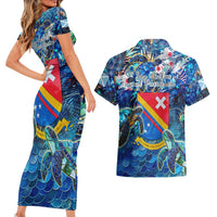 San Andres and Providencia Couples Matching Short Sleeve Bodycon Dress and Hawaiian Shirt Sea Turtle Tropical Pattern