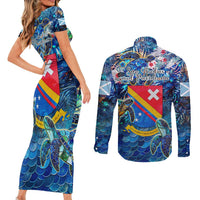 San Andres and Providencia Couples Matching Short Sleeve Bodycon Dress and Long Sleeve Button Shirt Sea Turtle Tropical Pattern