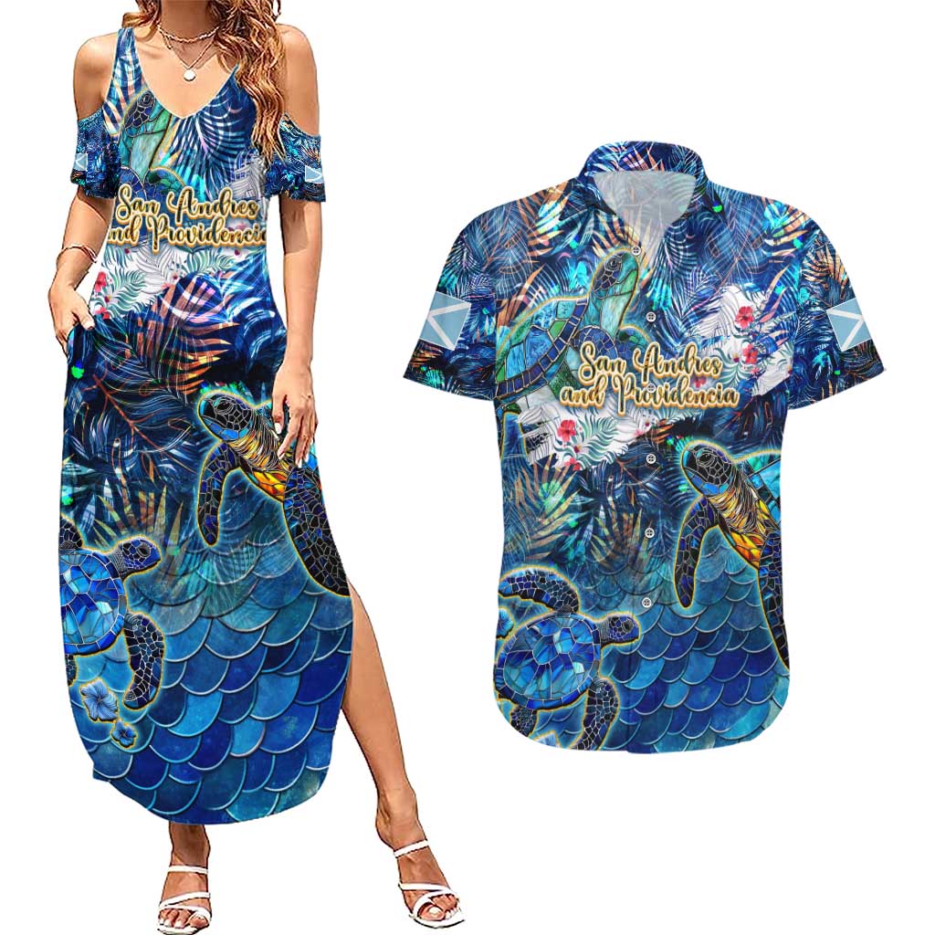 San Andres and Providencia Couples Matching Summer Maxi Dress and Hawaiian Shirt Sea Turtle Tropical Pattern