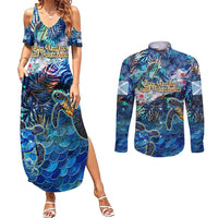 San Andres and Providencia Couples Matching Summer Maxi Dress and Long Sleeve Button Shirt Sea Turtle Tropical Pattern