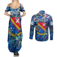 San Andres and Providencia Couples Matching Summer Maxi Dress and Long Sleeve Button Shirt Sea Turtle Tropical Pattern