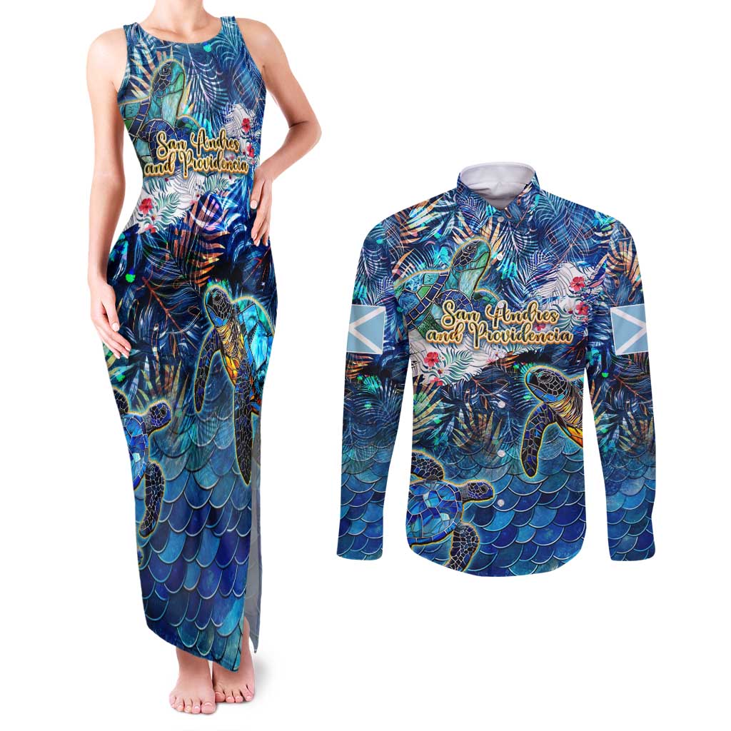 San Andres and Providencia Couples Matching Tank Maxi Dress and Long Sleeve Button Shirt Sea Turtle Tropical Pattern