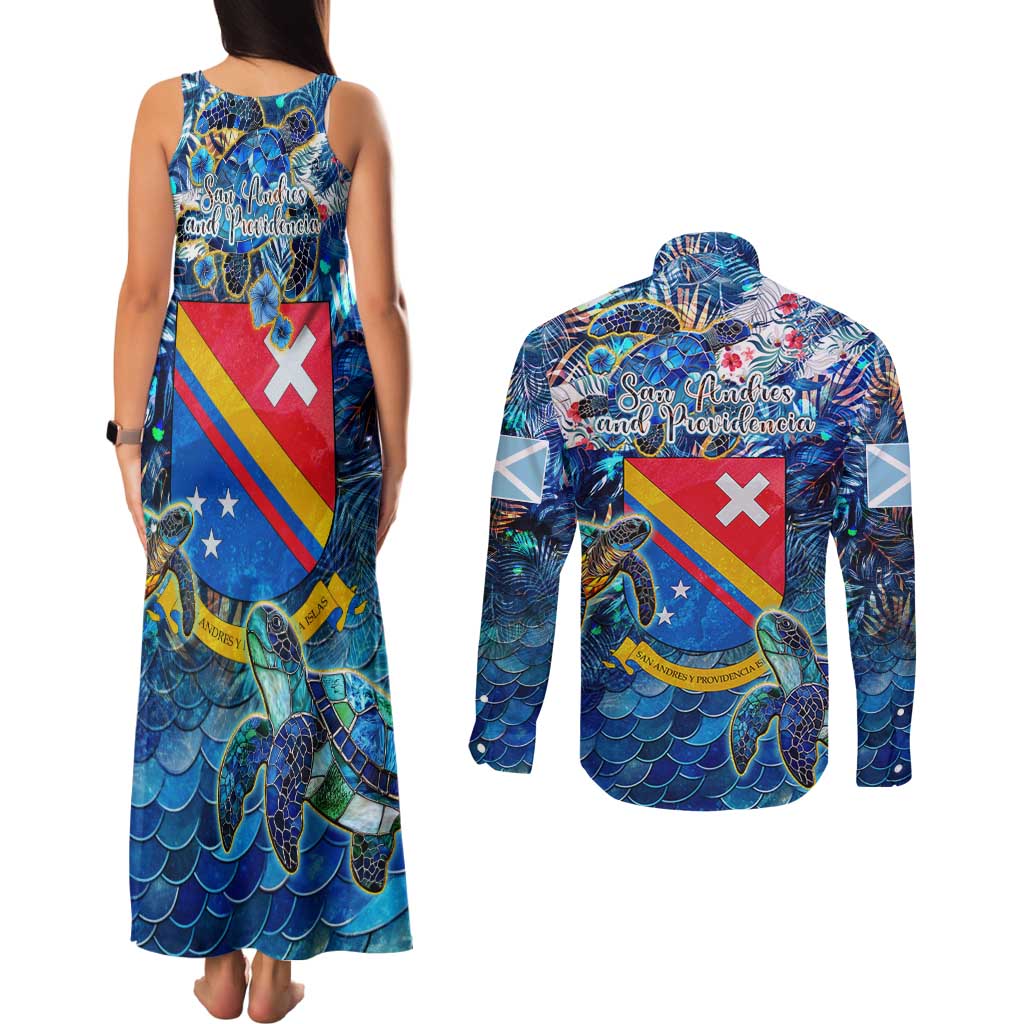 San Andres and Providencia Couples Matching Tank Maxi Dress and Long Sleeve Button Shirt Sea Turtle Tropical Pattern
