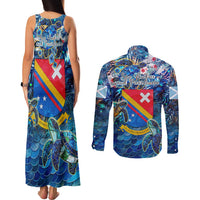 San Andres and Providencia Couples Matching Tank Maxi Dress and Long Sleeve Button Shirt Sea Turtle Tropical Pattern