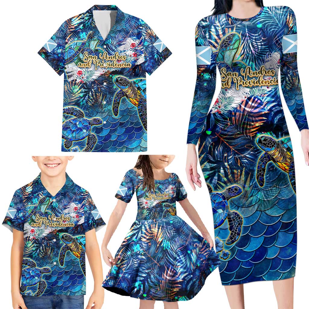 San Andres and Providencia Family Matching Long Sleeve Bodycon Dress and Hawaiian Shirt Sea Turtle Tropical Pattern