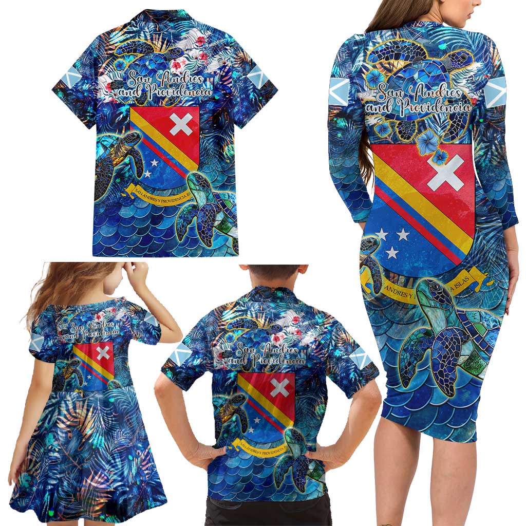 San Andres and Providencia Family Matching Long Sleeve Bodycon Dress and Hawaiian Shirt Sea Turtle Tropical Pattern