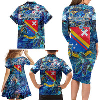 San Andres and Providencia Family Matching Long Sleeve Bodycon Dress and Hawaiian Shirt Sea Turtle Tropical Pattern