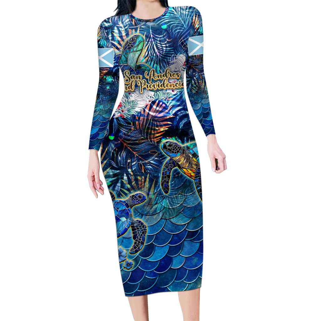 San Andres and Providencia Family Matching Long Sleeve Bodycon Dress and Hawaiian Shirt Sea Turtle Tropical Pattern