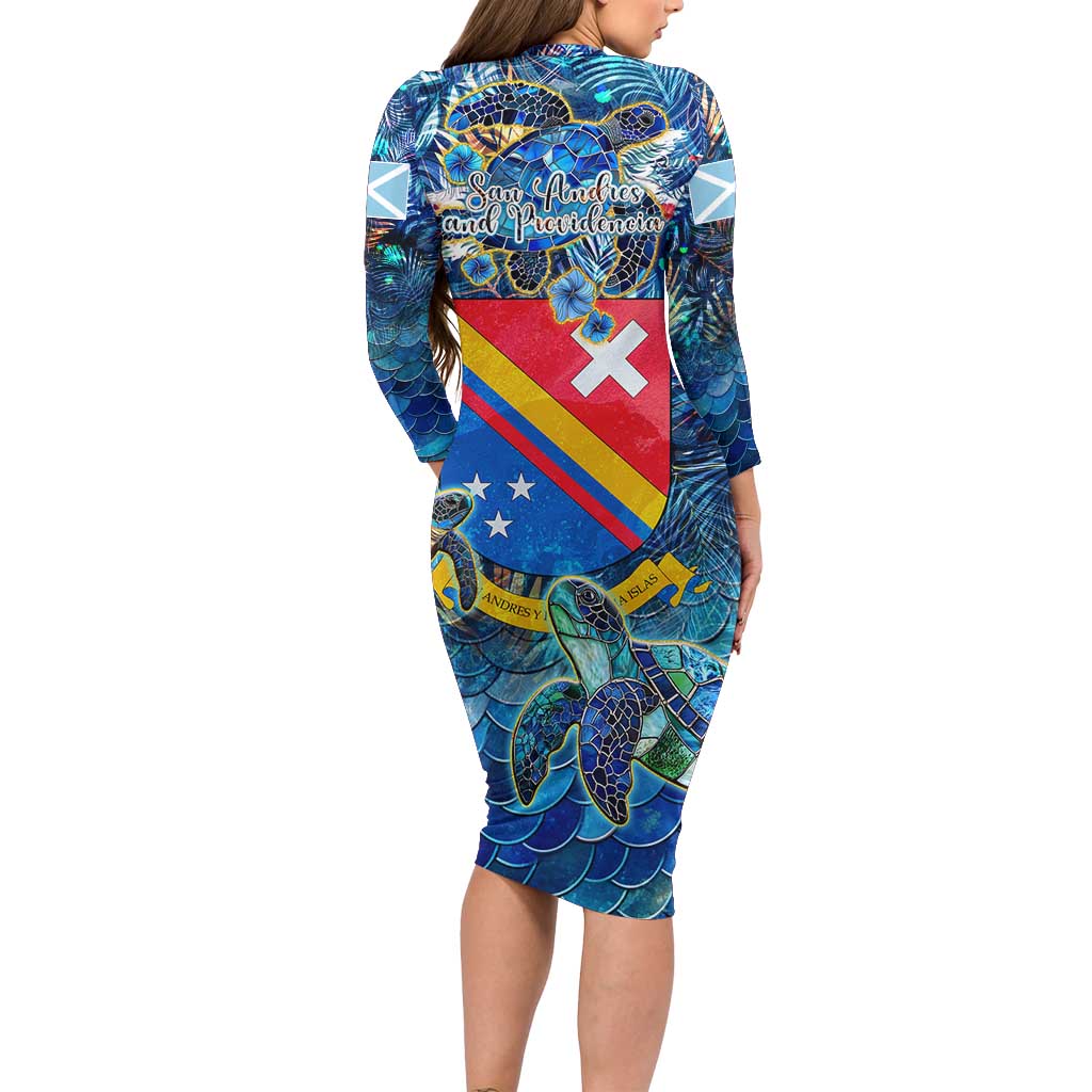 San Andres and Providencia Family Matching Long Sleeve Bodycon Dress and Hawaiian Shirt Sea Turtle Tropical Pattern
