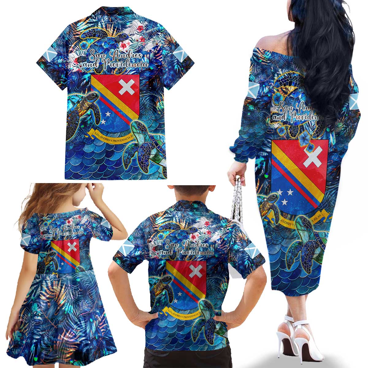 San Andres and Providencia Family Matching Off The Shoulder Long Sleeve Dress and Hawaiian Shirt Sea Turtle Tropical Pattern