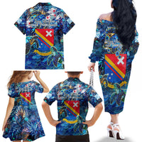 San Andres and Providencia Family Matching Off The Shoulder Long Sleeve Dress and Hawaiian Shirt Sea Turtle Tropical Pattern