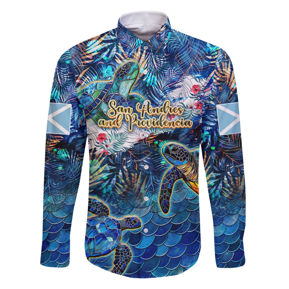 San Andres and Providencia Family Matching Off The Shoulder Long Sleeve Dress and Hawaiian Shirt Sea Turtle Tropical Pattern