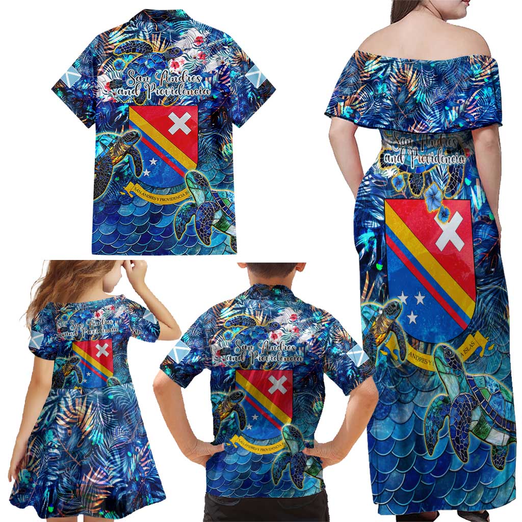 San Andres and Providencia Family Matching Off Shoulder Maxi Dress and Hawaiian Shirt Sea Turtle Tropical Pattern
