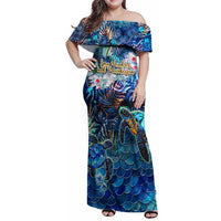 San Andres and Providencia Family Matching Off Shoulder Maxi Dress and Hawaiian Shirt Sea Turtle Tropical Pattern