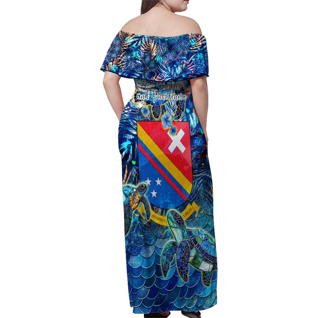 San Andres and Providencia Family Matching Off Shoulder Maxi Dress and Hawaiian Shirt Sea Turtle Tropical Pattern