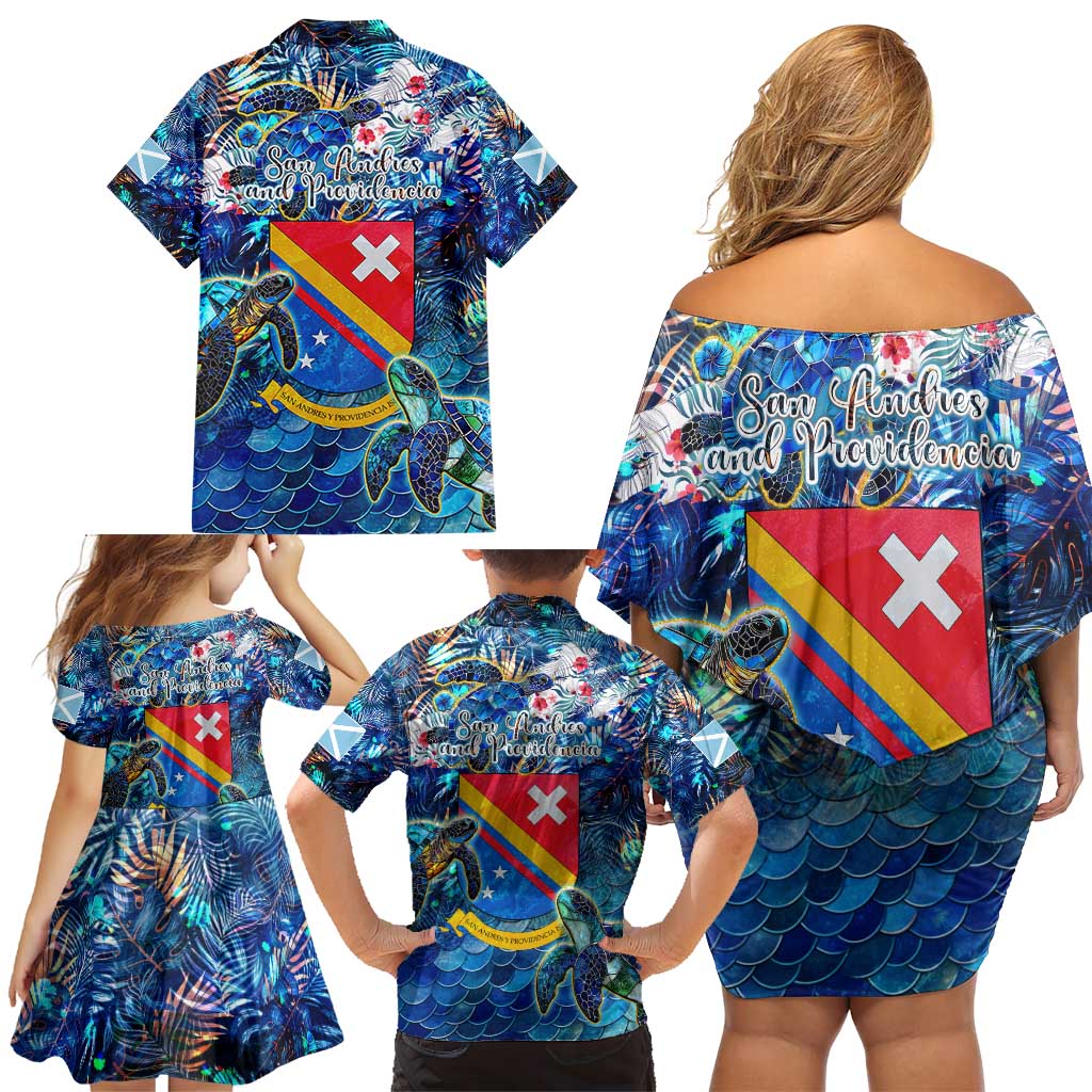 San Andres and Providencia Family Matching Off Shoulder Short Dress and Hawaiian Shirt Sea Turtle Tropical Pattern - Wonder Print Shop