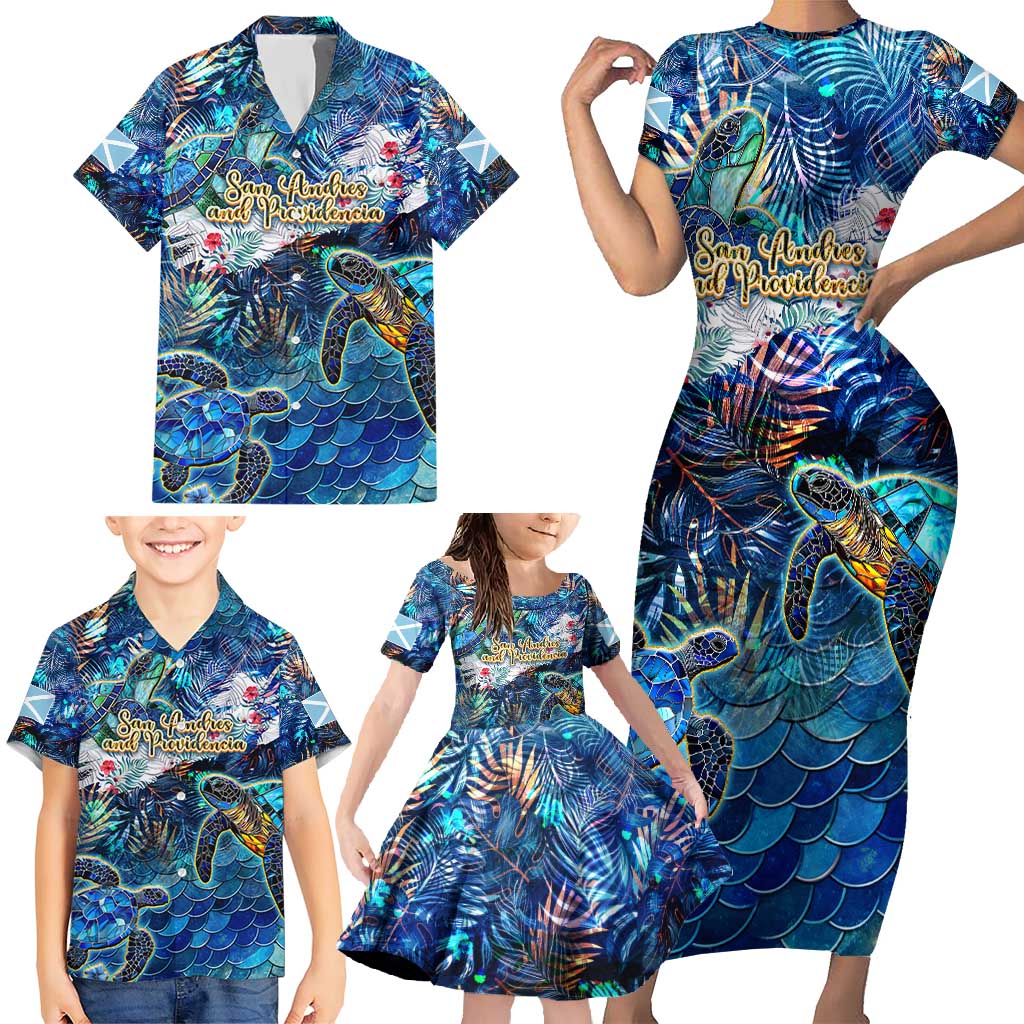 San Andres and Providencia Family Matching Short Sleeve Bodycon Dress and Hawaiian Shirt Sea Turtle Tropical Pattern - Wonder Print Shop