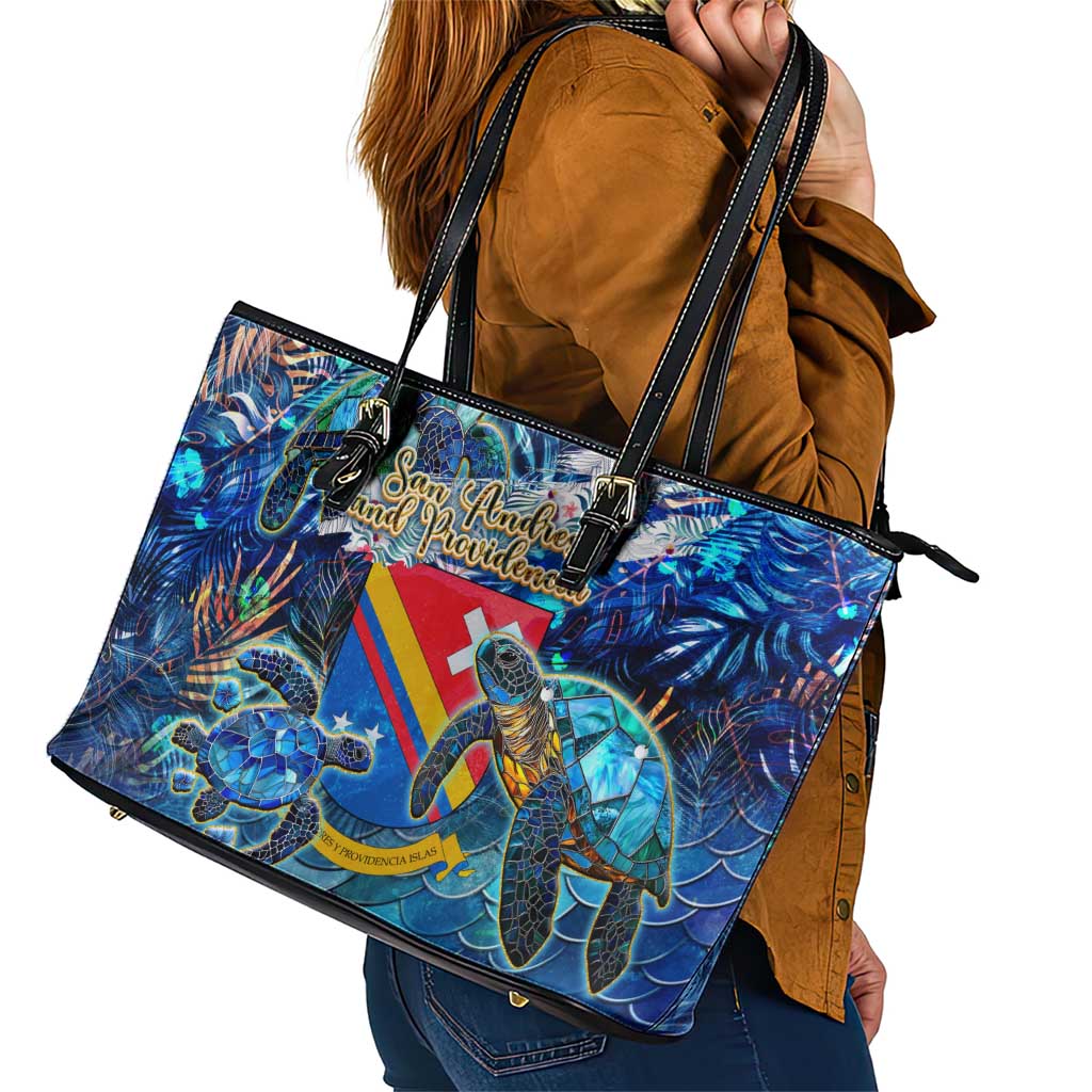 San Andres and Providencia Leather Tote Bag Sea Turtle Tropical Pattern