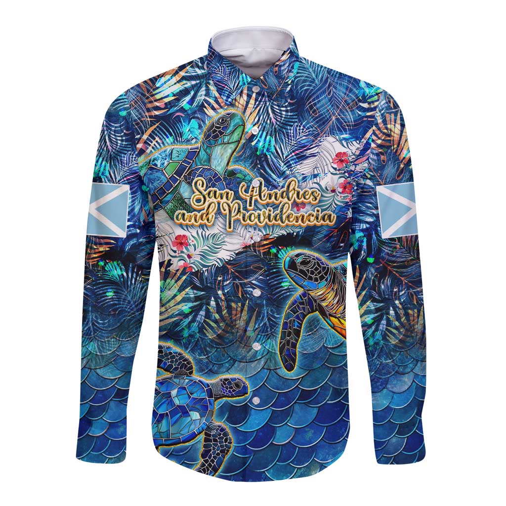 San Andres and Providencia Long Sleeve Button Shirt Sea Turtle Tropical Pattern