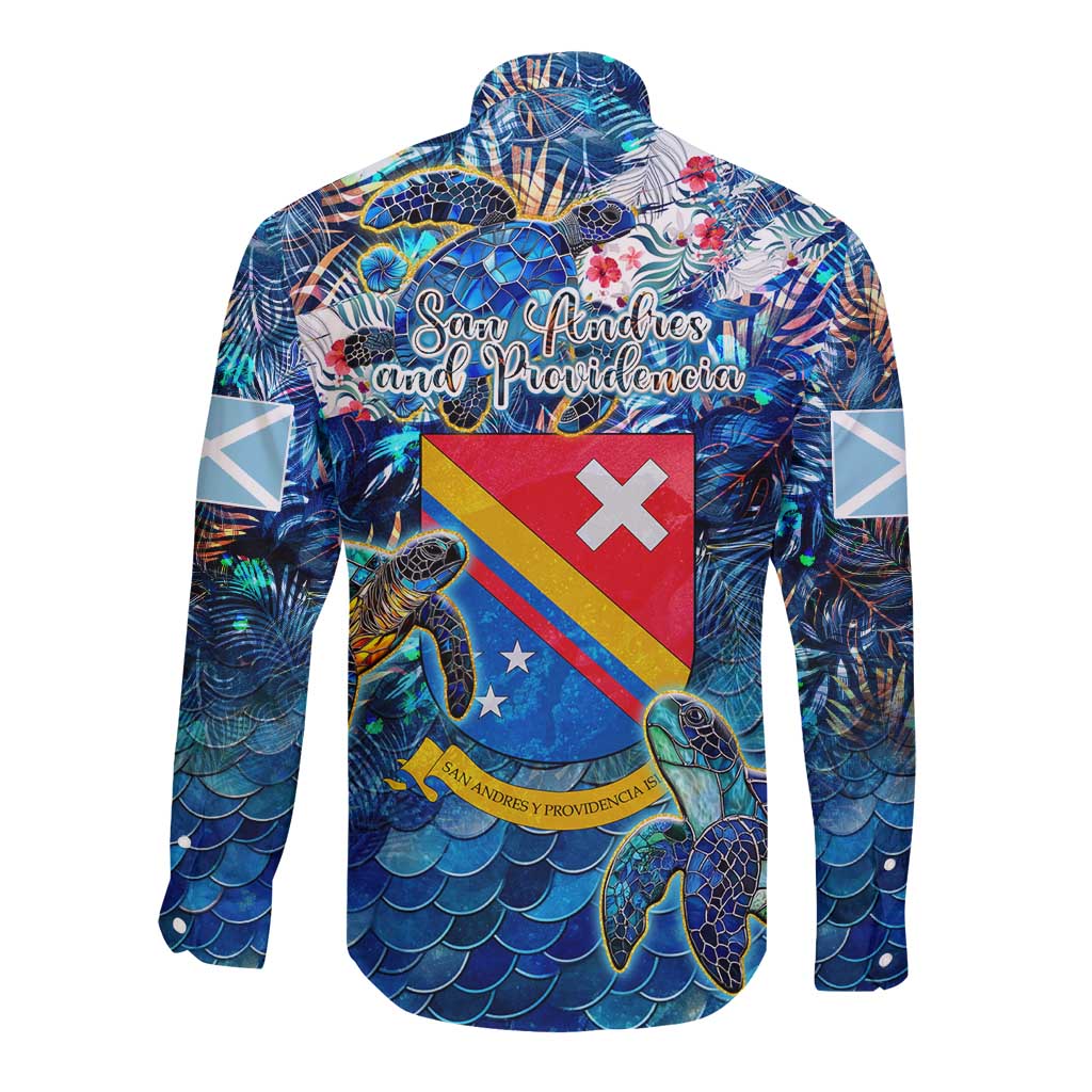 San Andres and Providencia Long Sleeve Button Shirt Sea Turtle Tropical Pattern