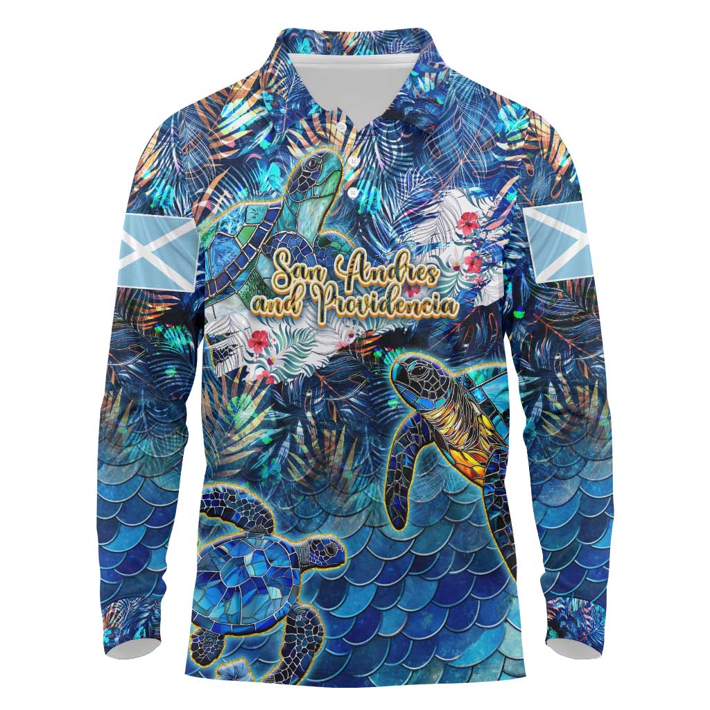 San Andres and Providencia Long Sleeve Polo Shirt Sea Turtle Tropical Pattern - Wonder Print Shop