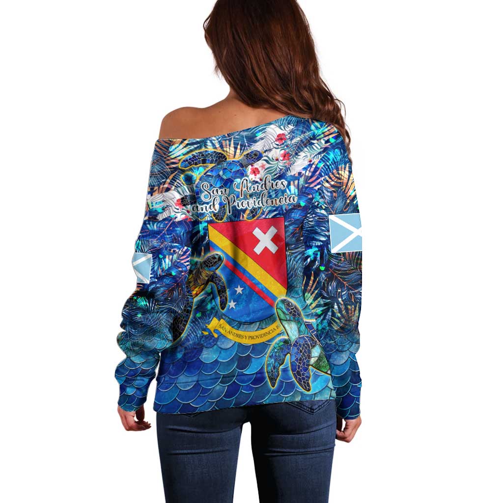 San Andres and Providencia Off Shoulder Sweater Sea Turtle Tropical Pattern - Wonder Print Shop