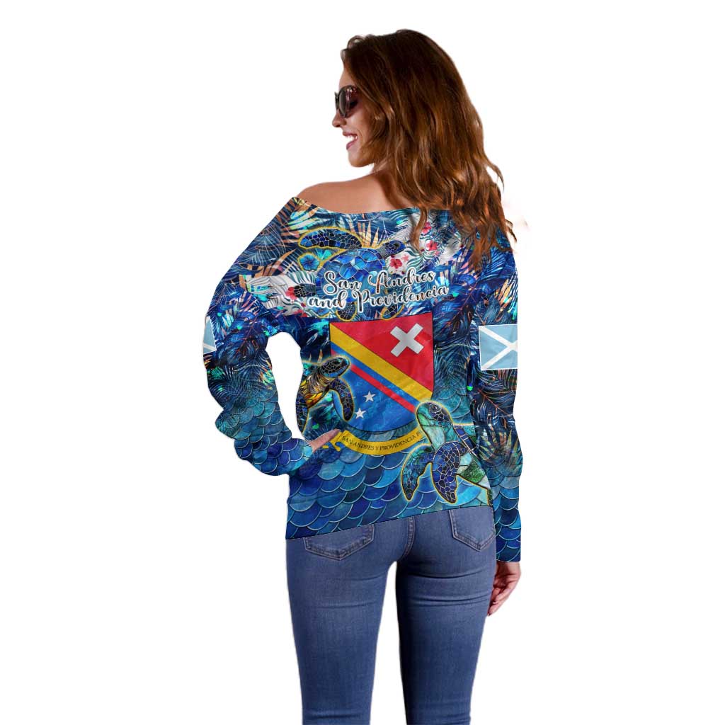 San Andres and Providencia Off Shoulder Sweater Sea Turtle Tropical Pattern - Wonder Print Shop