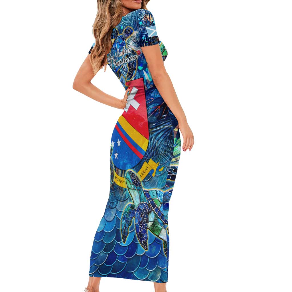San Andres and Providencia Short Sleeve Bodycon Dress Sea Turtle Tropical Pattern - Wonder Print Shop