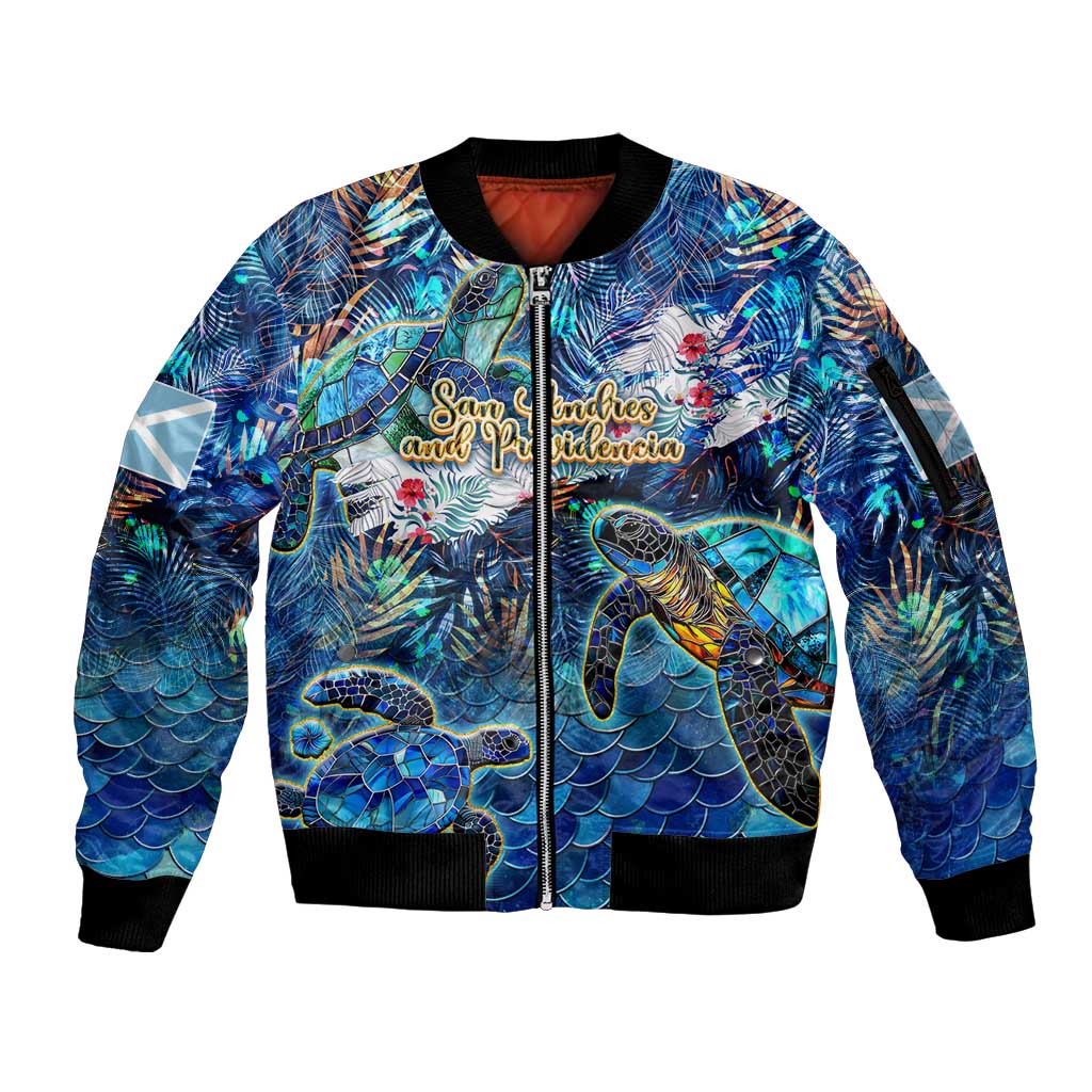 San Andres and Providencia Sleeve Zip Bomber Jacket Sea Turtle Tropical Pattern - Wonder Print Shop