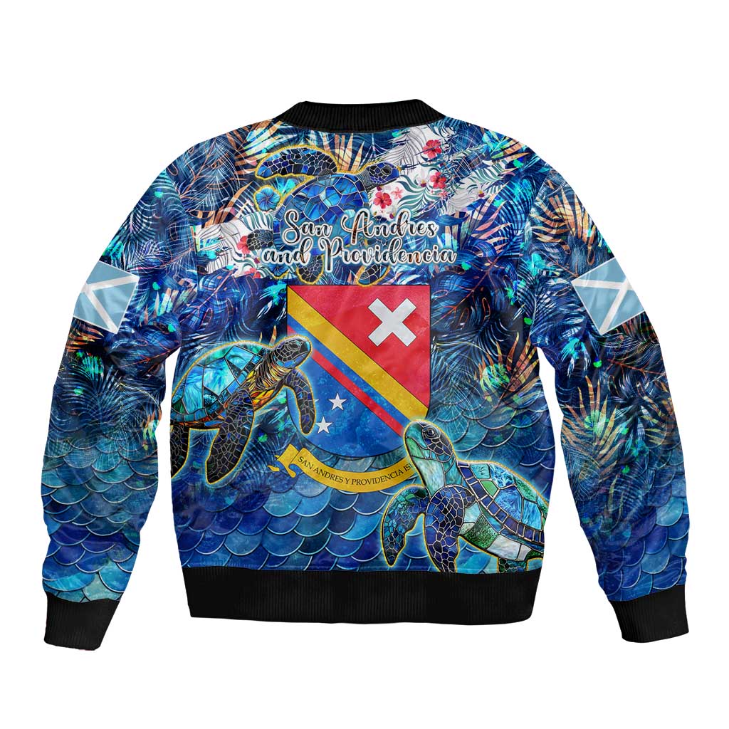 San Andres and Providencia Sleeve Zip Bomber Jacket Sea Turtle Tropical Pattern - Wonder Print Shop