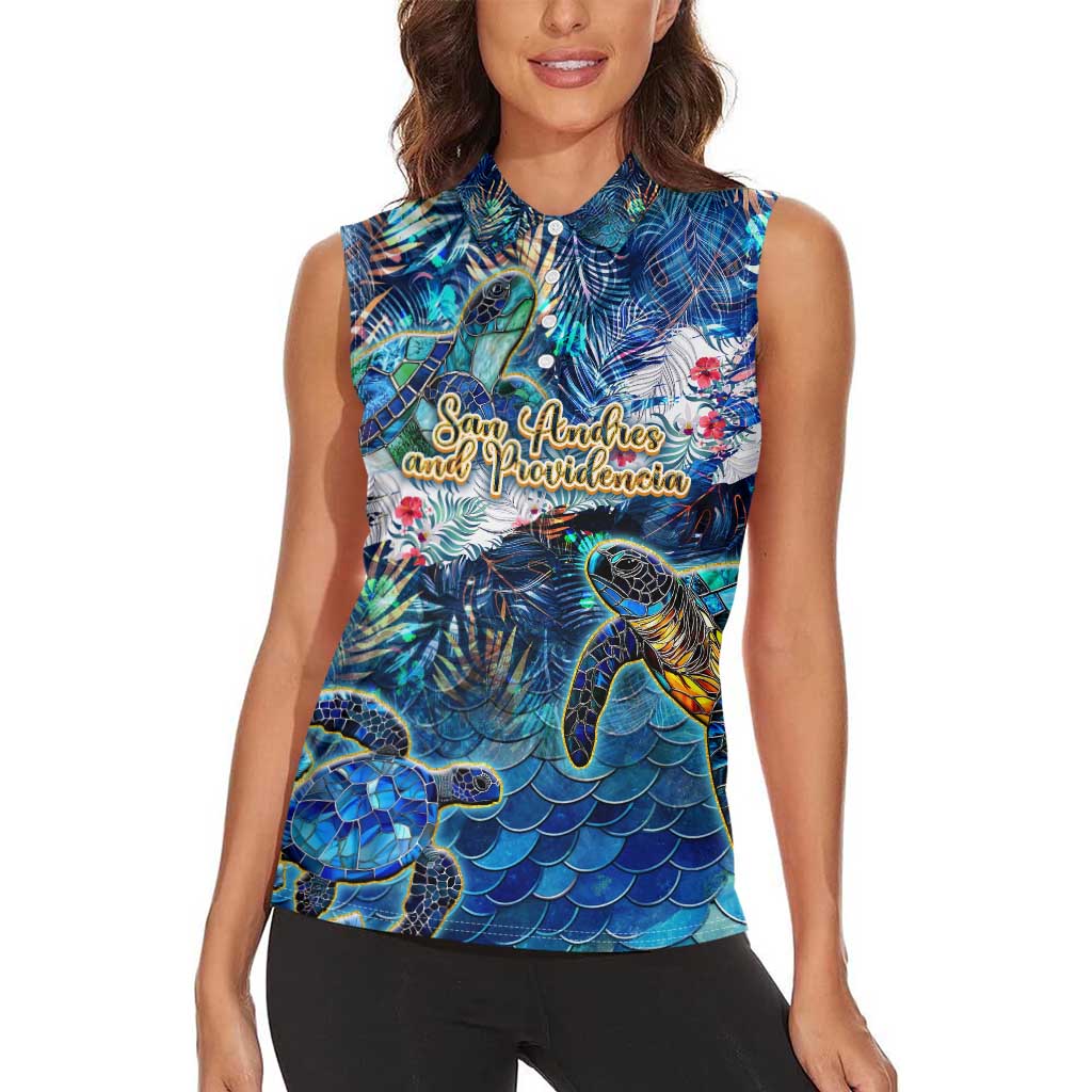San Andres and Providencia Women Sleeveless Polo Shirt Sea Turtle Tropical Pattern - Wonder Print Shop