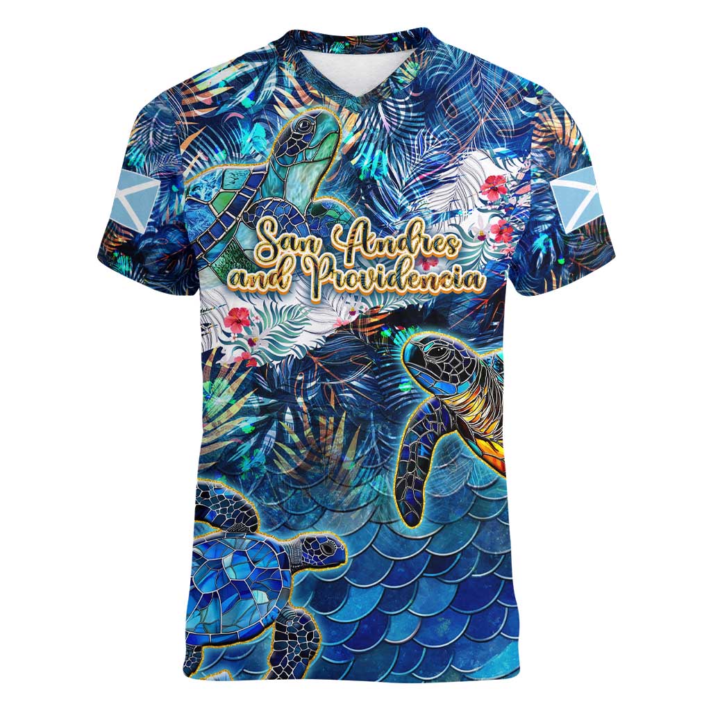 San Andres and Providencia Women V-Neck T-Shirt Sea Turtle Tropical Pattern - Wonder Print Shop