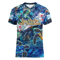 San Andres and Providencia Women V-Neck T-Shirt Sea Turtle Tropical Pattern - Wonder Print Shop