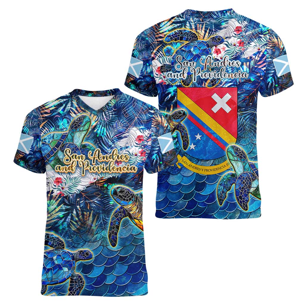 San Andres and Providencia Women V-Neck T-Shirt Sea Turtle Tropical Pattern - Wonder Print Shop