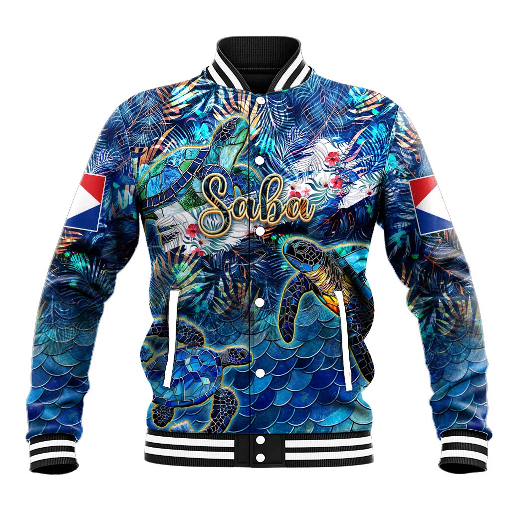Saba Baseball Jacket Sea Turtle Tropical Pattern
