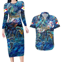 Saba Couples Matching Long Sleeve Bodycon Dress and Hawaiian Shirt Sea Turtle Tropical Pattern