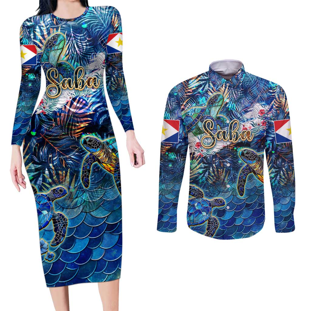 Saba Couples Matching Long Sleeve Bodycon Dress and Long Sleeve Button Shirt Sea Turtle Tropical Pattern