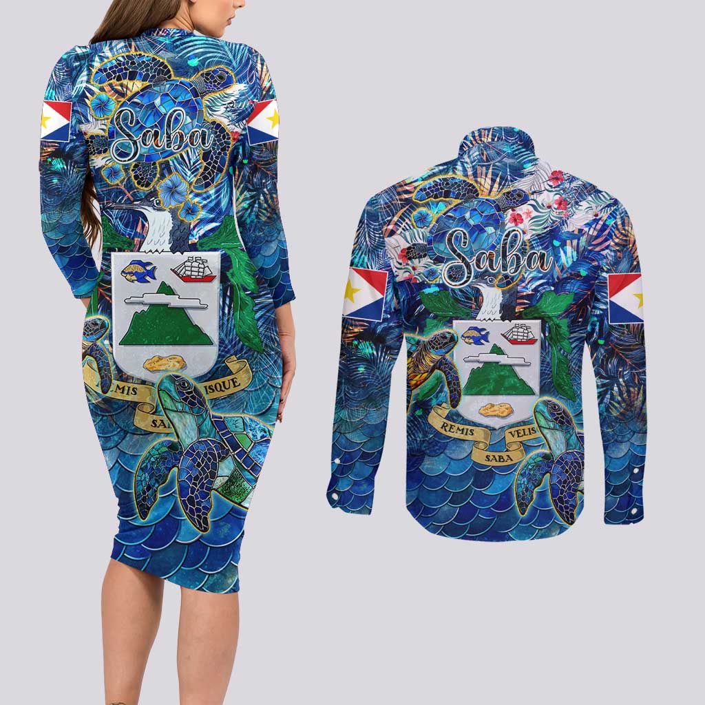 Saba Couples Matching Long Sleeve Bodycon Dress and Long Sleeve Button Shirt Sea Turtle Tropical Pattern