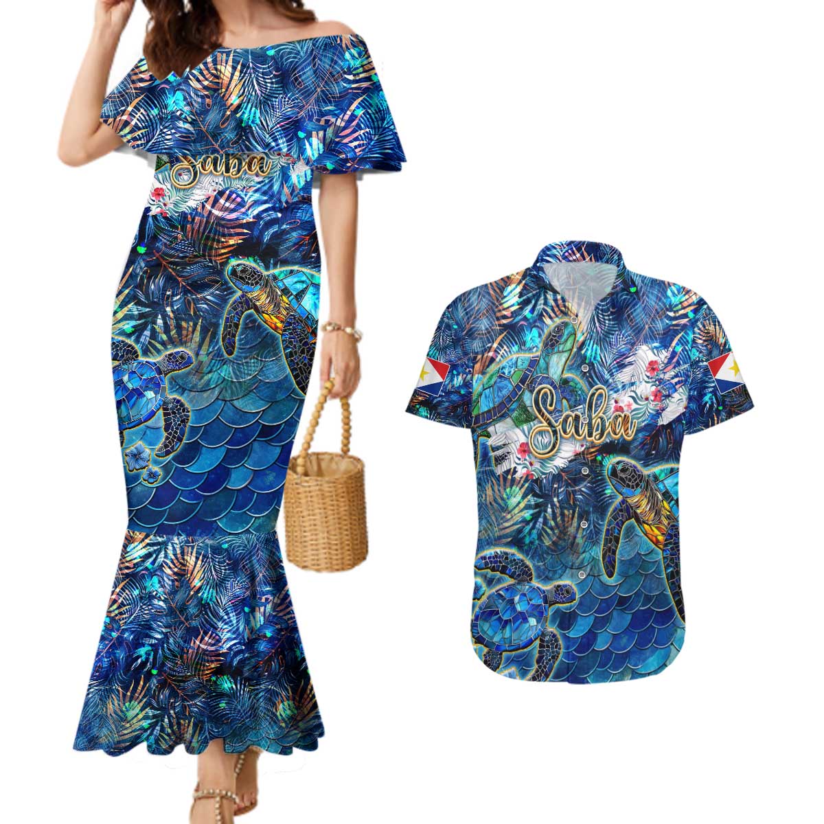 Saba Couples Matching Mermaid Dress and Hawaiian Shirt Sea Turtle Tropical Pattern