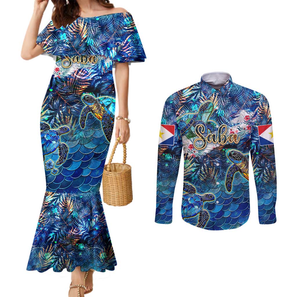 Saba Couples Matching Mermaid Dress and Long Sleeve Button Shirt Sea Turtle Tropical Pattern