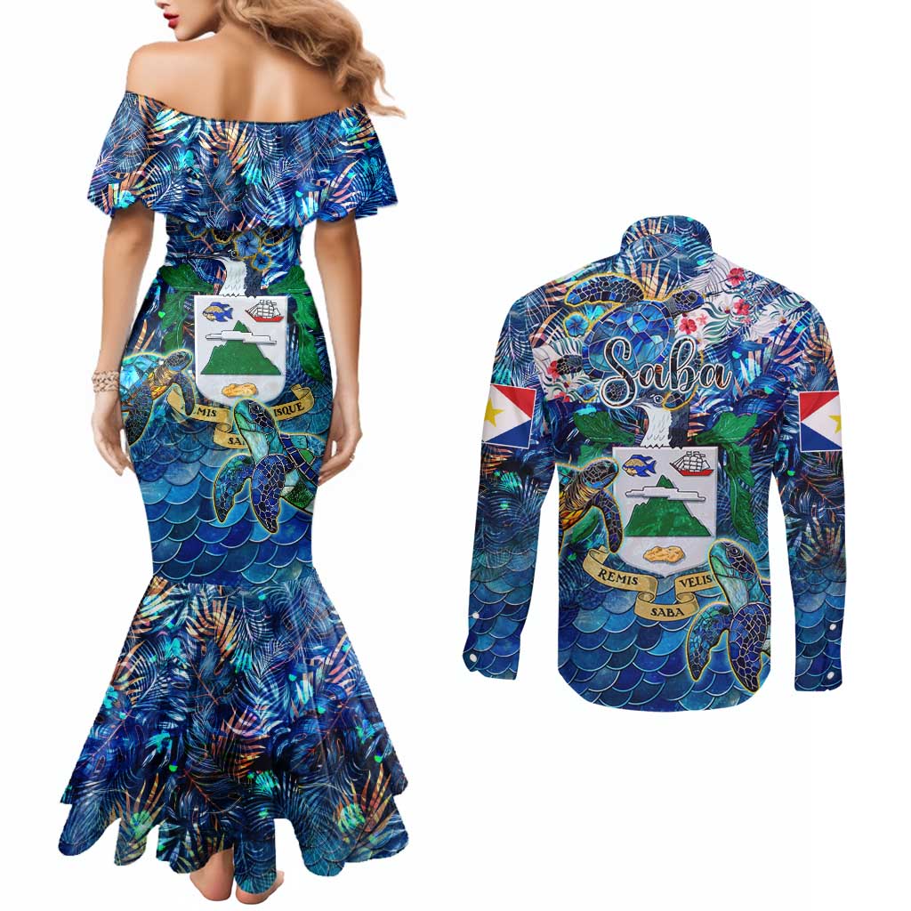 Saba Couples Matching Mermaid Dress and Long Sleeve Button Shirt Sea Turtle Tropical Pattern