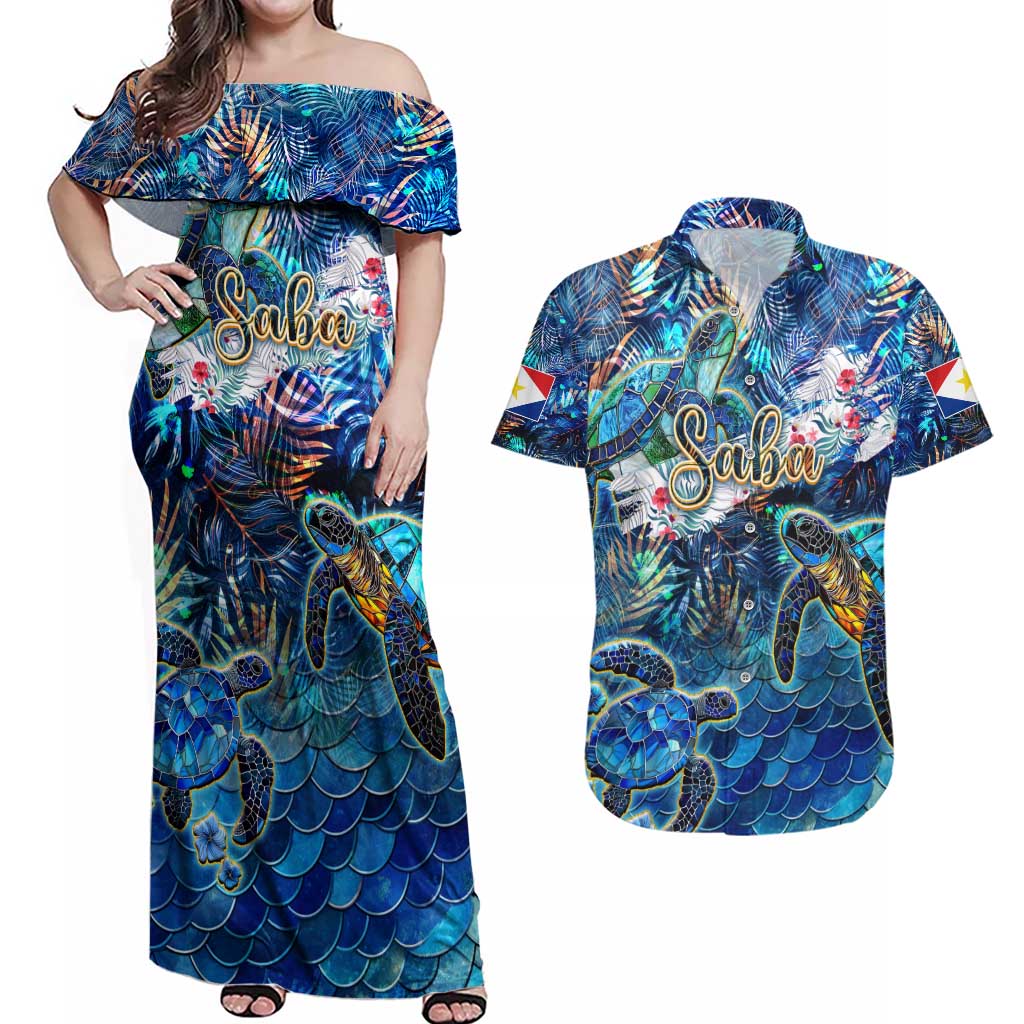 Saba Couples Matching Off Shoulder Maxi Dress and Hawaiian Shirt Sea Turtle Tropical Pattern