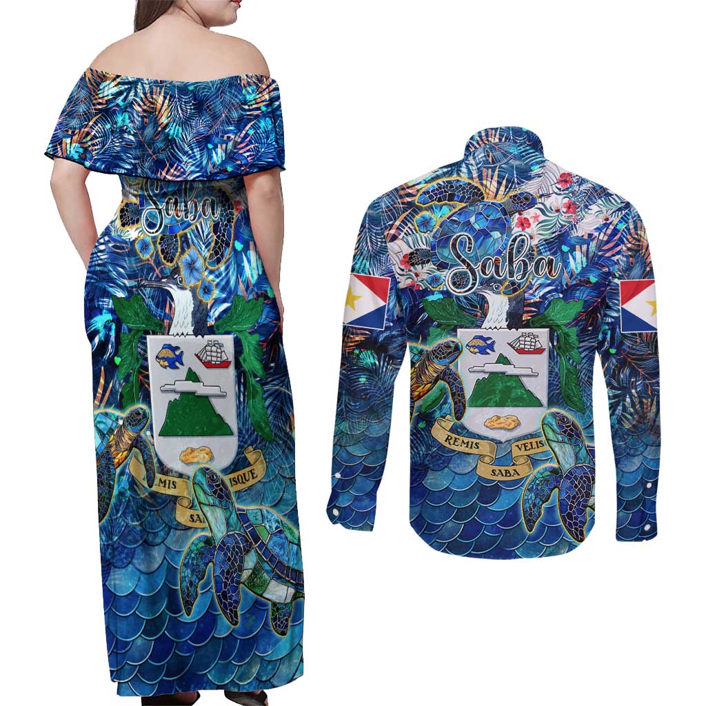 Saba Couples Matching Off Shoulder Maxi Dress and Long Sleeve Button Shirt Sea Turtle Tropical Pattern
