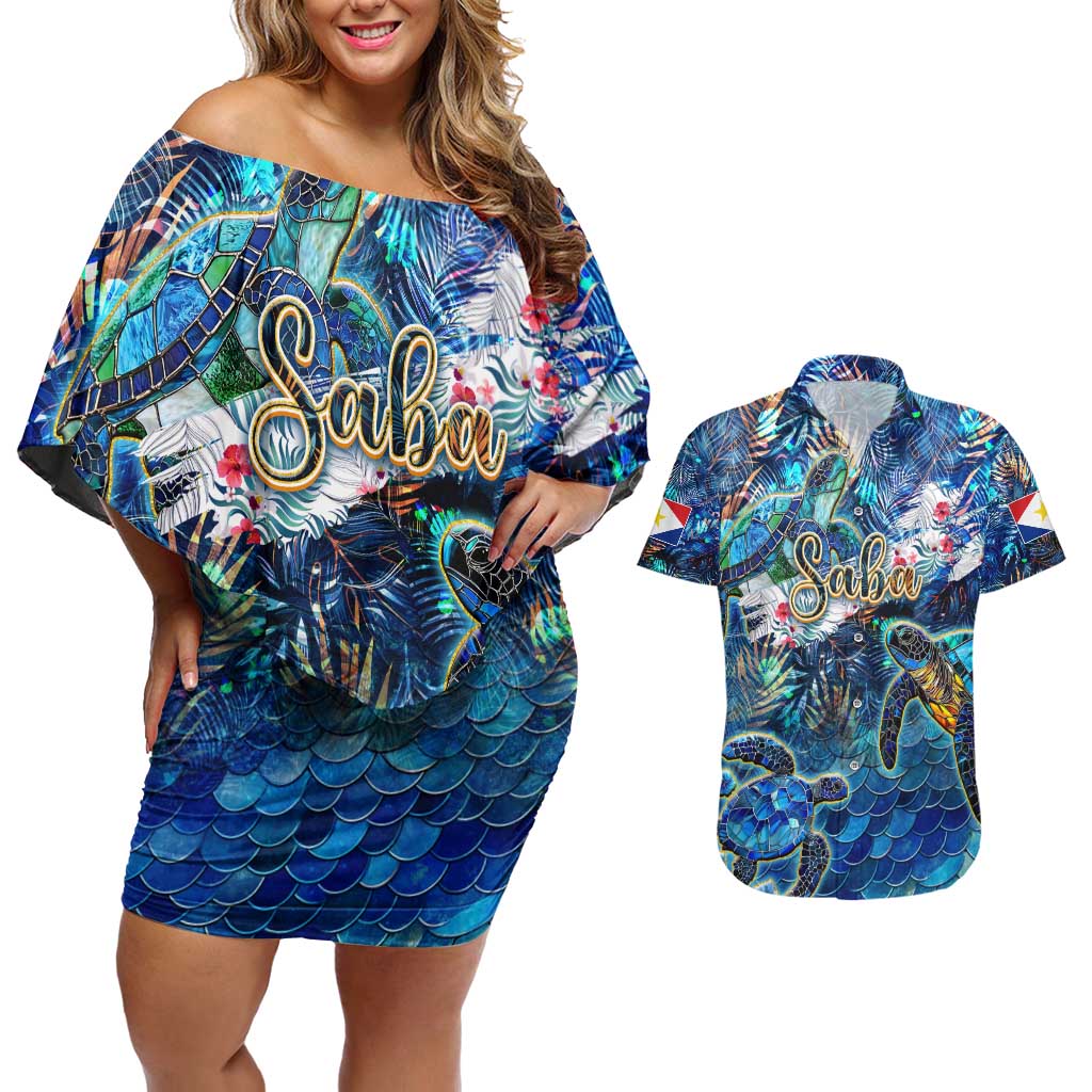 Saba Couples Matching Off Shoulder Short Dress and Hawaiian Shirt Sea Turtle Tropical Pattern