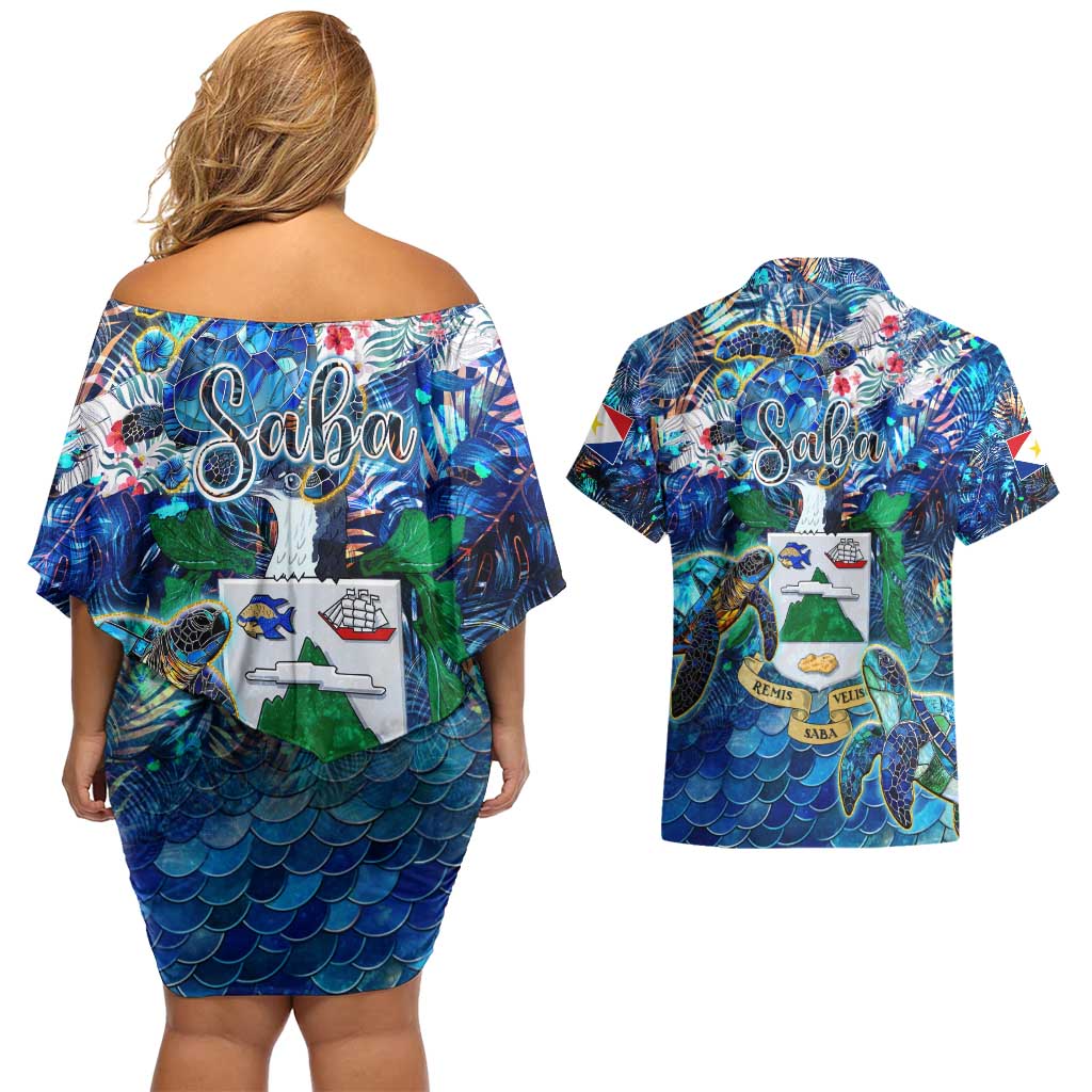 Saba Couples Matching Off Shoulder Short Dress and Hawaiian Shirt Sea Turtle Tropical Pattern