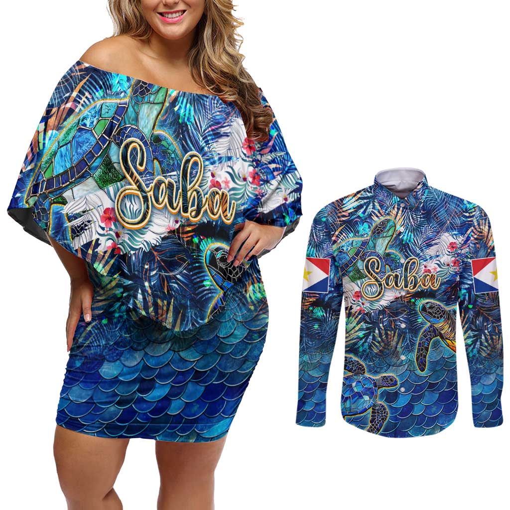 Saba Couples Matching Off Shoulder Short Dress and Long Sleeve Button Shirt Sea Turtle Tropical Pattern